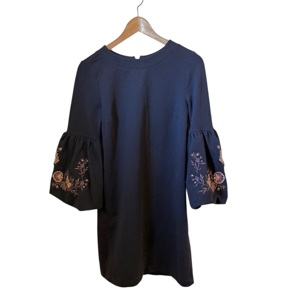 LOFT Navy Blue Embroidered Bell Sleeve Dress XS Cotton Blend‎